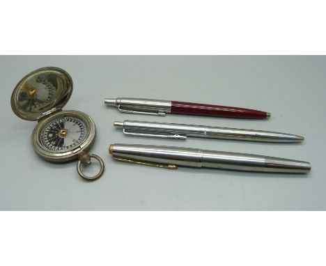 A WWI military compass marked Cruchon &amp; Emons, London, 89091, 1916, a Parker fountain pen with 14k gold nib and two other
