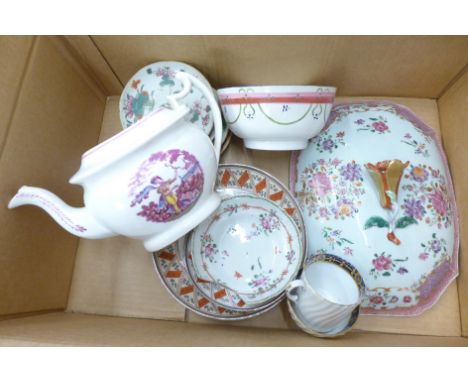 A circa 1800 Chinese famille rose tureen lid, restored, a teapot a/f, a bowl a/f, six Georgian porcelain saucers and a dish, 