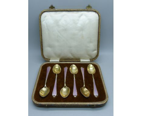 A cased set of six silver and guilloche enamel spoons by Adie Bros., Birmingham 1929/30, 69g 