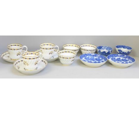 Two Georgian blue and white tea bowls and saucers, circa 1780s, one a/f, three Georgian Worcester cups and saucers with three