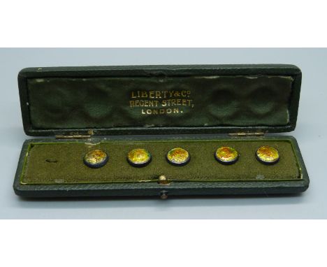 A cased set of silver and enamel buttons by Liberty &amp; Co., in original named box (one button missing), hallmarked Birming