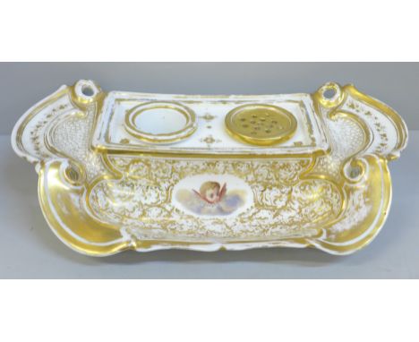A Georgian Flight, Barr &amp; Barr Worcester porcelain ink stand, circa 1780s, with hand painted angel detail, 35cm 