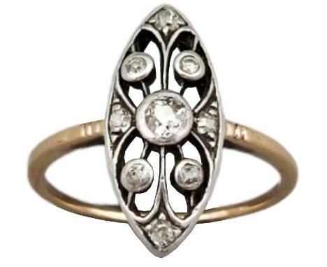 Jugendstil-Ring mit Diamantbesatz 14 k GG und WG, mit Diamantstein in der Mitte, flankiert von kleineren Steinen, Gr. ca. 56,
