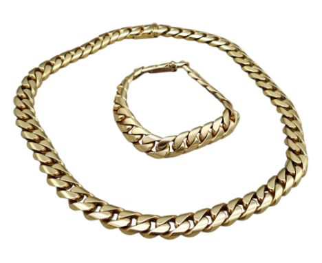 Goldene Panzerkette und Armband 14 K Gold. Halbrunde Panzerkette GG 585. Gewicht ca. 160 g. Kette L ca. 45 cm, Armband L ca. 