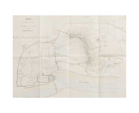 INDIAN MUTINY DELHI AND ITS ENVIRONS SHOWING THE POSITION OF THE ENGLISH BATTERIES hand coloured lithograph, with a small han