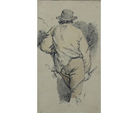 Attributed to Thomas Rowlandson, pen and ink sketch, a country figure, unsigned, 17cm x 10cm, framedSlight paper discolourati