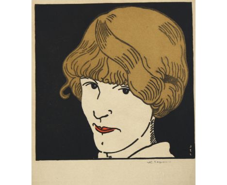 Jean Emile Labourer (1877 - 1943), gilded embossed lithograph, portrait of a girl, with blind stamp, image 14cm x 14cm, unfra