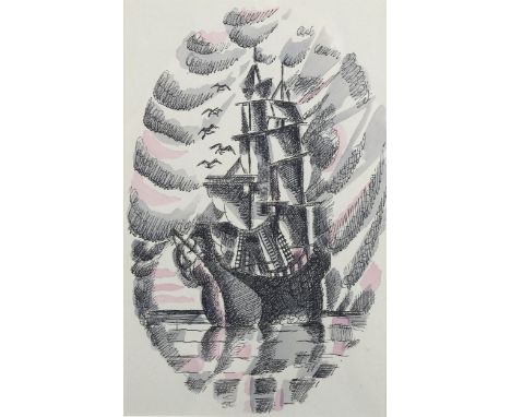 Edward McKnight Kauffer (1890-1954), pochoir lithograph on paper, Frontispiece from Benito Cereno, 26cm x 16cm, mounted and f