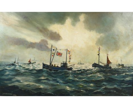 J M Moore, large oil on canvas, Hastings fishing fleet 1974, 90cm x 140cm, framedA few very small paint chips, 1 old patch re
