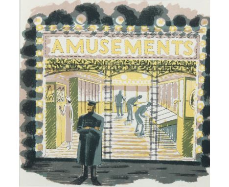 Eric Ravilious (1903-1942), lithograph in colours on paper, Amusements, 14.5cm x 14cm, mounted, framed and glazed. Printed fo