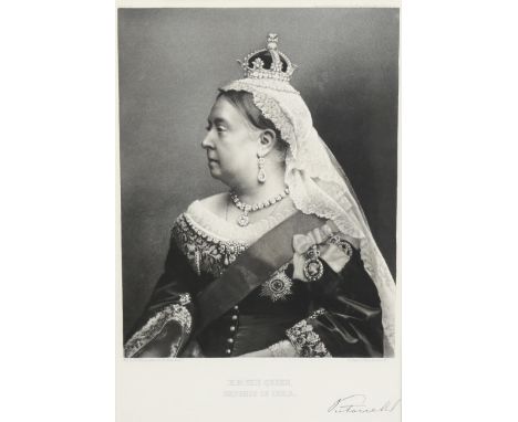 Photograph portrait of HM Queen Victoria Empress of India with facsimile signature in margin, published 1896, image 31cm x 24