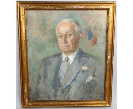 Agnes Hiorth (1899 - 1984), oil on canvas, portrait of Surgeon Captain F G Hitch Royal Navy, includes box of Harrods visiting