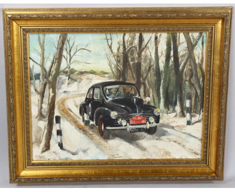 Dion Pears (1929 - 1985), oil on board, Jowett Javelin Rally Car, circa 1950, signed, 38cm x 50cm, framedGood condition 