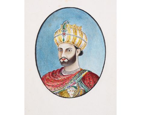19th century Anglo-Indian School, portrait of an Indian Raja, annotations verso, image 11cm x 8.5cm, mountedLight foxing in t