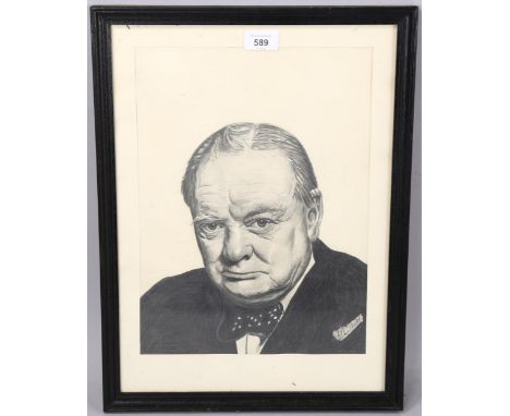 Mid-20th century charcoal/pencil portrait of Winston Churchill, indistinctly signed, 36cm x 26cm, framedGood condition 
