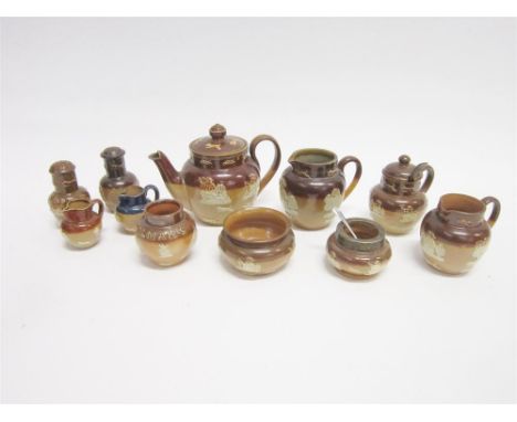 A COLLECTION OF SMALL DOULTON SALTGLAZE STONEWARE ITEMS, all with sprigged decoration depicting harvest and hunting scenes, t