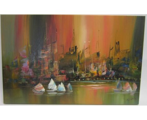 * WILKINSON (20TH CENTURY) Hong Kong Junks, oil on canvas, signed lower right, 53.5cm x 83.5cm; together with a five abstract