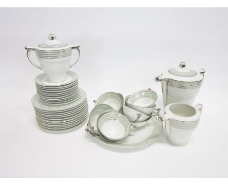 A BELGIAN ART DECO STYLE COFFEE SERVICE decorated with concentric green and silver gilt rings, marked to reverse 'Renastrid L