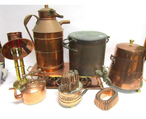 A MIXED COLLECTION OF COPPER AND BRASSWARE to include an interesting double candlestick with copper reflector, copper kettle,