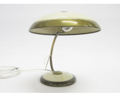 A 1950'S BRASS AND CREAM METAL DOME BEDSIDE LAMP by Helo, Germany, 25cm high