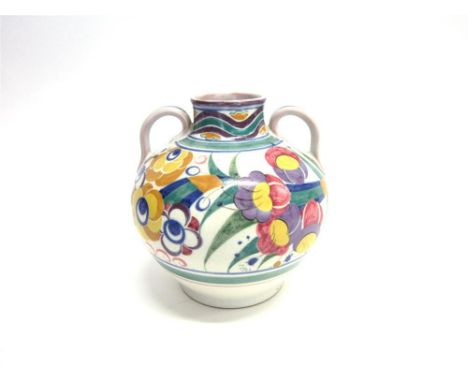 A POOLE POTTERY CARTER, STABLER AND ADAMS TWIN HANDLED VASE with impressed Poole England mark to base, 17cm high