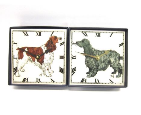 TWO TILE WALL CLOCKS one decorated with a black Cocker Spaniel, the other with a Springer Spaniel, 15.5cm square, boxed