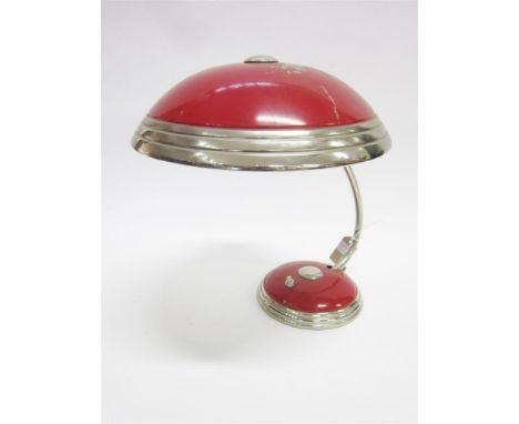 A 1950'S CHROME AND RED METAL DOME DESK LAMP by Helo, Germany, 36cm high