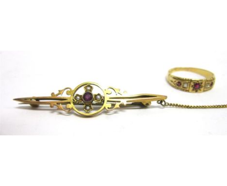 A LATE VICTORIAN RUBY & DIAMOND 18CT GOLD RING Birmingham 1897, finger size L 1/2, 2.2g gross; and a stone set bar brooch