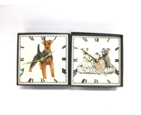 TWO TILE WALL CLOCKS one decorated with a Welsh Terrier, the other with a Whippet group, 15.5cm square, boxed