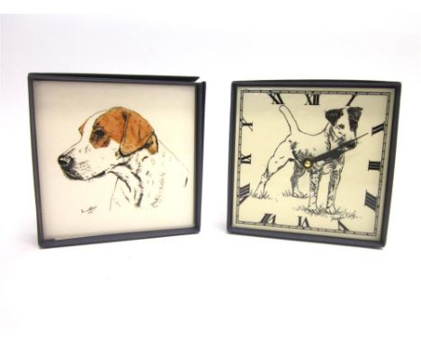 A TILE WALL CLOCK decorated with a Smooth Fox Terrier and a Foxhound Tile, 15.5cm square, boxed