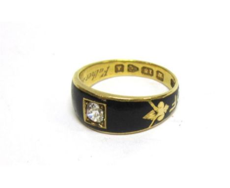 A VICTORIAN SINGLE STONE DIAMOND MOURNING 18CT GOLD RING Chester 1884, the black enamel 'In Memory Of' mount, inscribed 'Fath