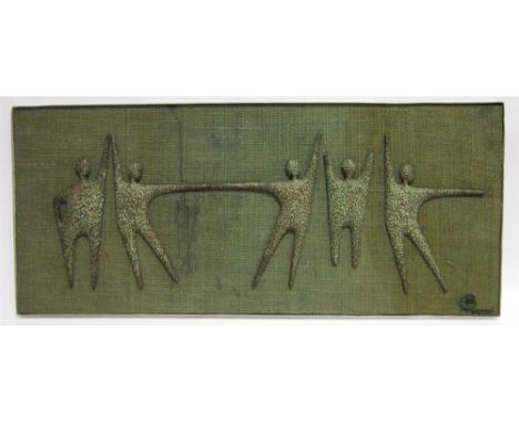 A 1960s ABSTRACT FIGURAL WALL RELIEF with bronze effect patinated figures mounted on a hessian backed board, 31cm high, 72cm 