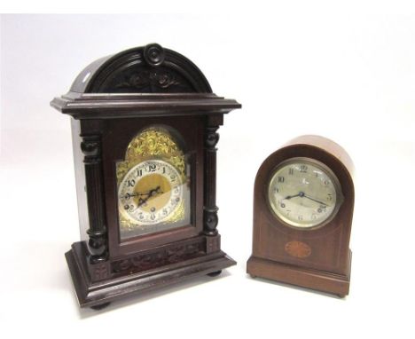 AN INLAID MAHOGANY MANTLE CLOCK with eight day movement and another mahogany case mantle clock with German eight day movement