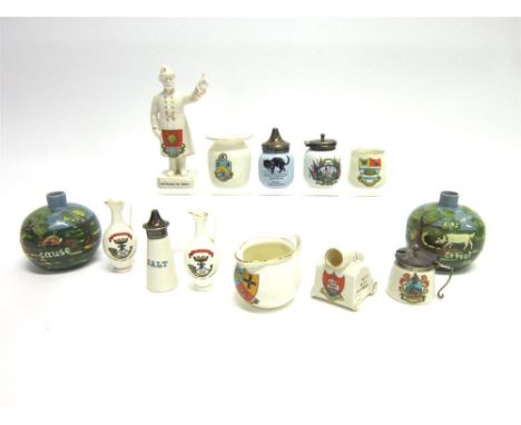 ELEVEN PIECES OF CRESTED CHINA including two Goss Japan Ewers (both Somerset Light Infantry); and an Arcadian China Policeman
