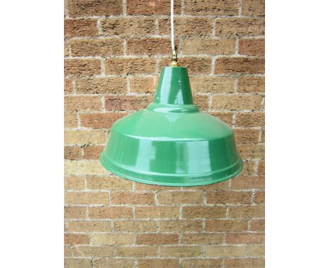 A PAIR OF GREEN ENAMELLED INDUSTRIAL LIGHT SHADES  42cm diameter