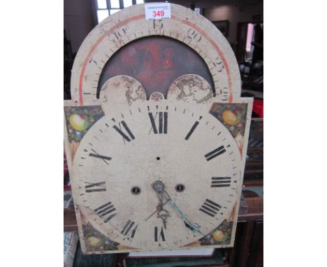 AN EARLY 19TH CENTURY EIGHT DAY LONGCASE CLOCK MOVEMENT,  the enamel dial with Roman numerals within fruit painted spandrels,