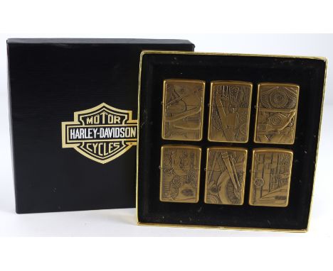 Zippo. A cased set of six brass Zippo lighters, Harley Davidson Motor Cycles (Barrett Smythe)