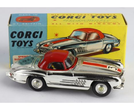 Corgi Toys, no. 304S 'Mercedes Benz 300SL Hardtop Roadster' (chrome with red roof), with model club slip, contained in origin