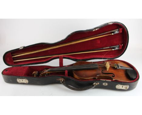 Violin (unnamed), back length 14" approx. (excluding button), with two bows, one engraved 'Tourte', all contained in a violin
