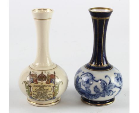 Two James Macintyre &amp; Co. Ld. Small vases, one is blue &amp; white and one is for the Coronation of Edward VII in 1902 -b