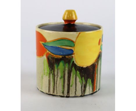 Clarice Cliff 'Delecia' pattern preserve pot with lid, makers marks to base, height 90mm approx.