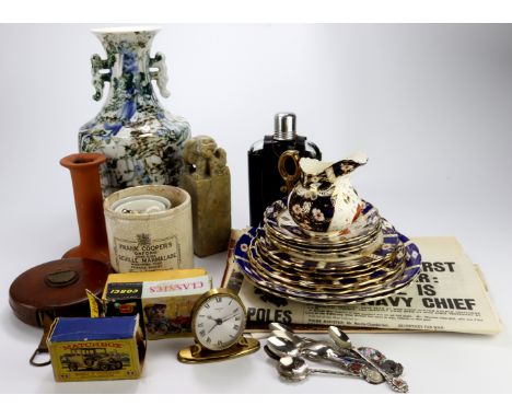 Miscellanea. A box containing various items, including Great War china, Chinese seal, silks, jewellery, papers, micro slides,