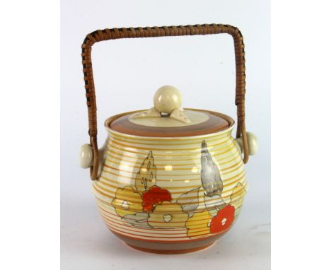 Clarice Cliff Bizarre Orange Capri pattern biscuit barrel with lid and wicker handle, a few hairlines and chips to rim, heigh