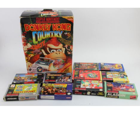 Super Nintendo SNES collection, to include Donkey Kong Country Crate (scarce, comprising outer box, console box, Go Ape disc,