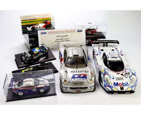 Models. A collection of ten various model cars (mostly boxed), makers include Minichamps, Onyx, Ixo, etc. (one case signed by