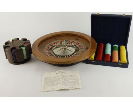 French JAL roulette wheel, total diameter 42cm approx., together with a collection of poker chips contained in an ‘Asprey Lon