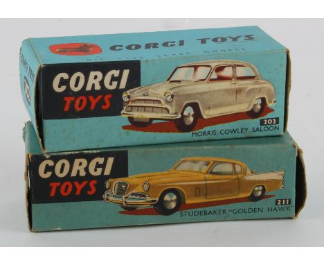 Corgi Toys. Two original Corgi boxes for no. 202 'Morris Cowley Saloon' &amp; no. 211 'Studebaker Golden Hawk' (BOXES ONLY)