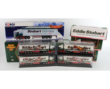 Eddie Stobart. A collection of nine boxed Eddie Stobart models, including Corgi Scania Low Loader CC12203; Corgi Hauliers of 