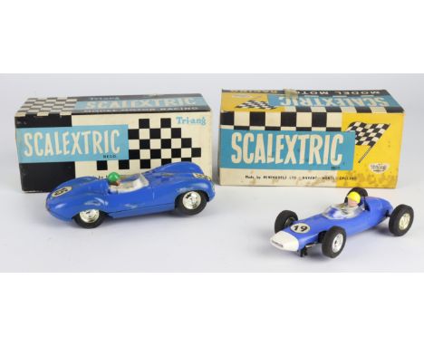 Scalextric. Two Scalextric slot car models, comprising 'D Type Jaguar' (MM / C60), blue) &amp; 'BRM (C72, blue)', both contai