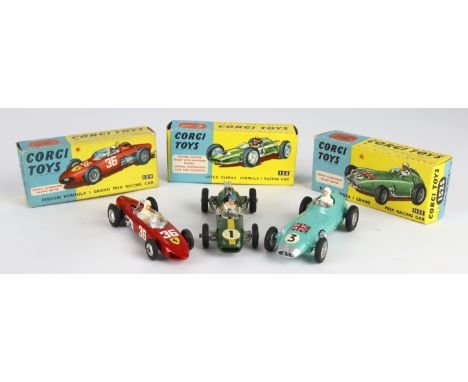 Corgi Toys. Three boxed Corgi model racing cars, comprising 'B.R.M., Formula I Grand Pric Racing Car' (152S, green); 'Ferrari
